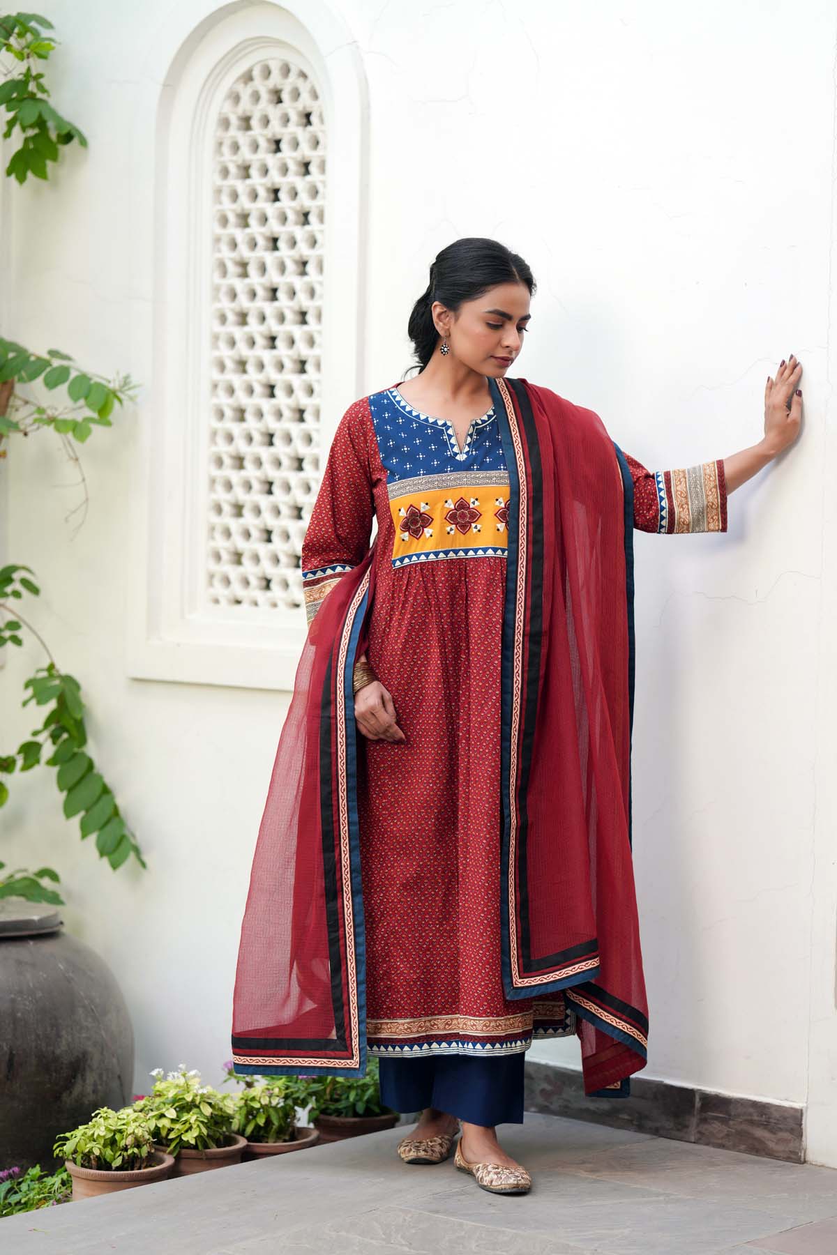 Maroon Cotton A-line Kurta