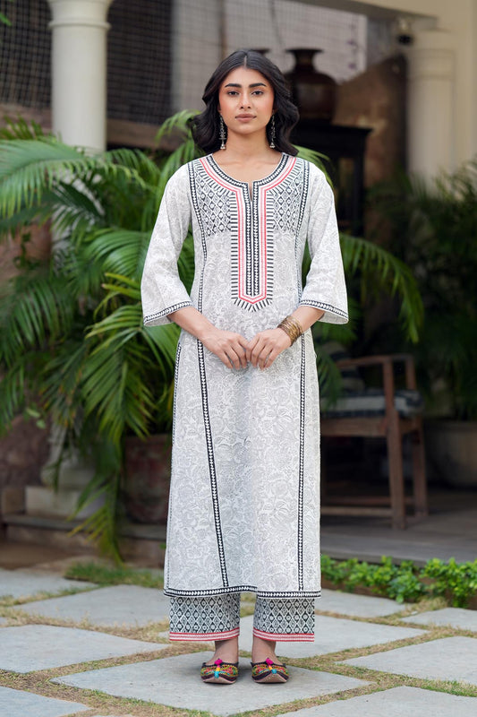 White Handblock Jaal Print Cotton Kurta