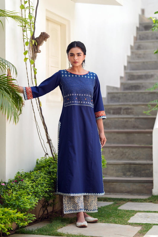 Navy Blue Cotton Kurta with Kantha Handwork