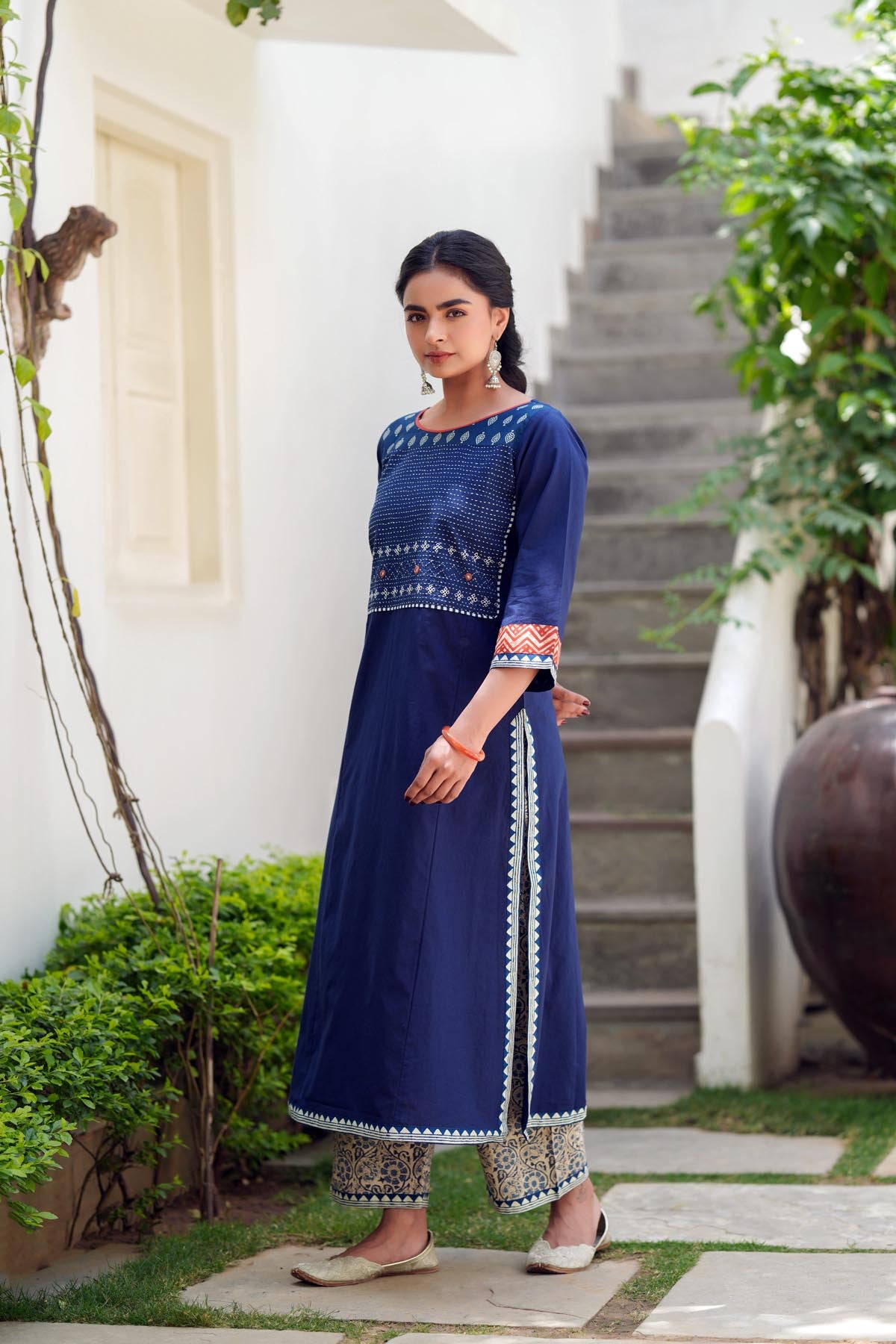 Navy Blue Cotton Kurta with Kantha Handwork