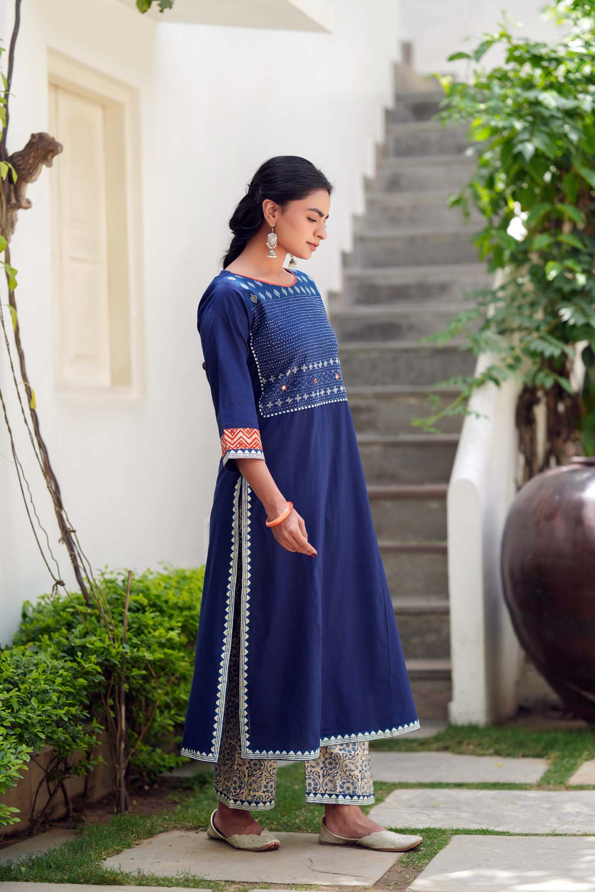 Navy Blue Cotton Kurta with Kantha Handwork