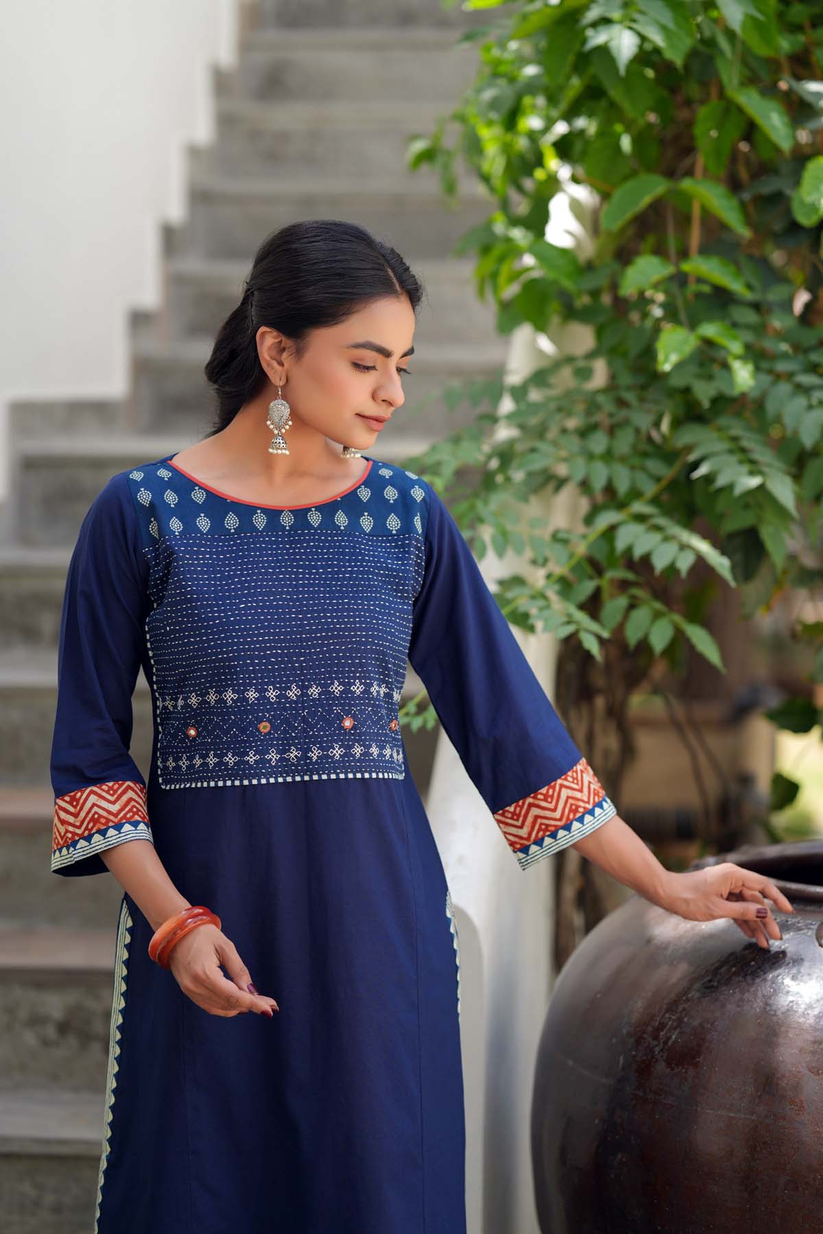 Navy Blue Cotton Kurta with Kantha Handwork