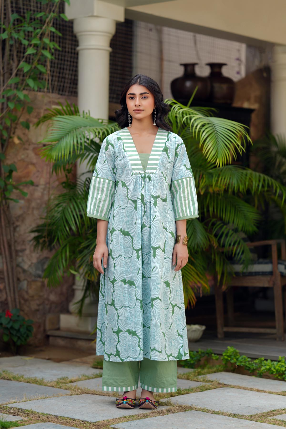 Aqua Green Handblock A-line Kurta
