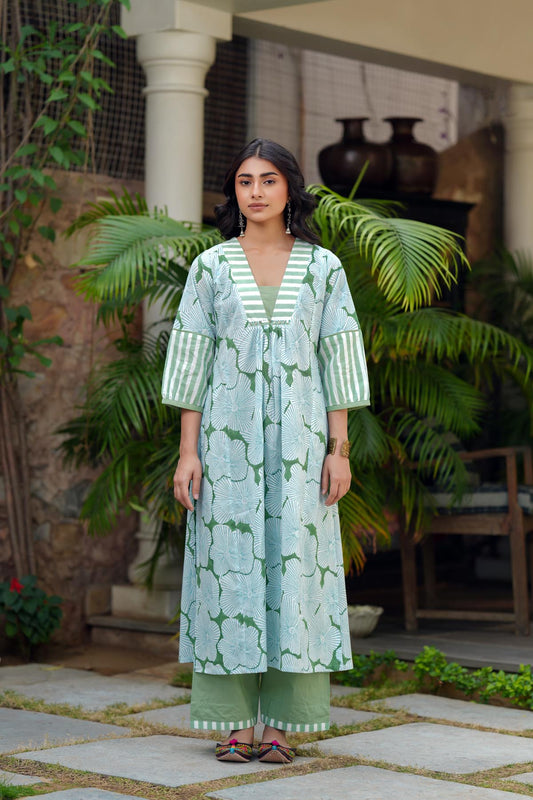 Aqua Green Handblock A-line Kurta