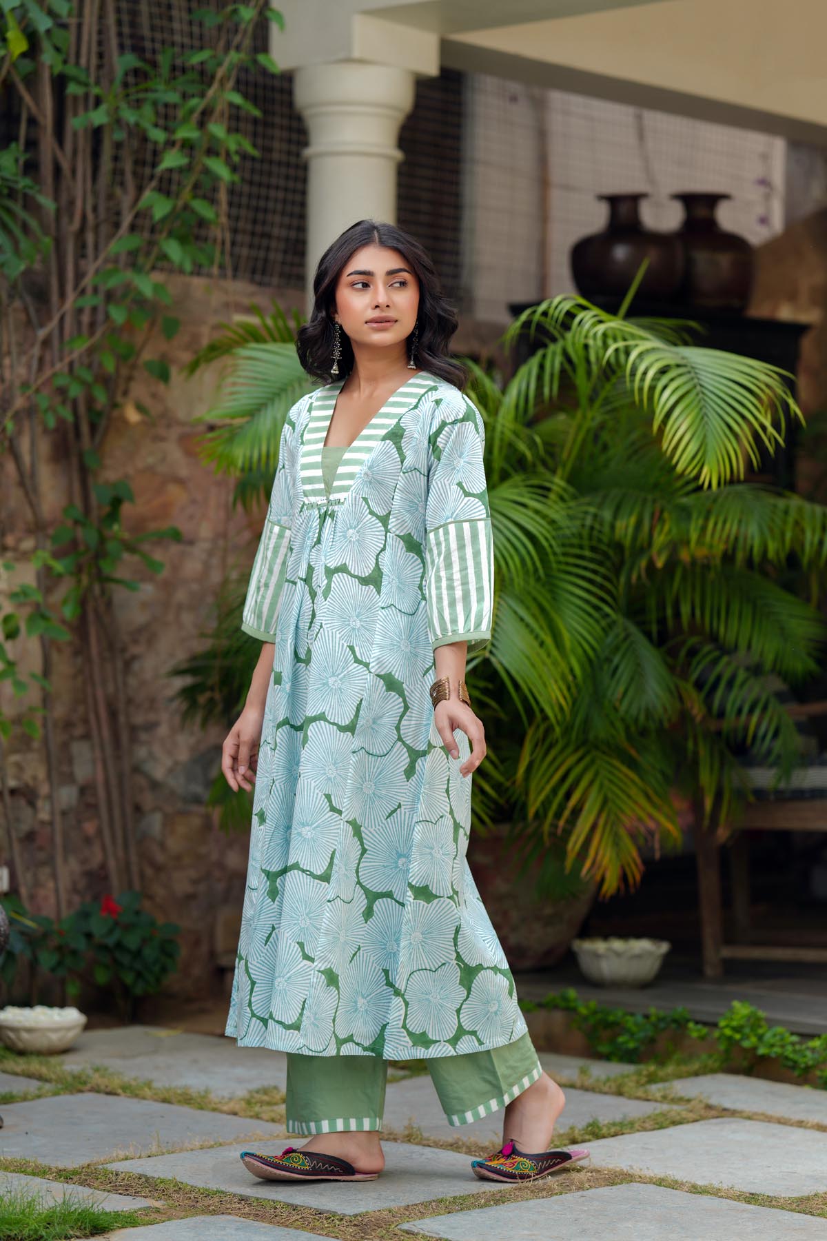 Aqua Green Handblock A-line Kurta