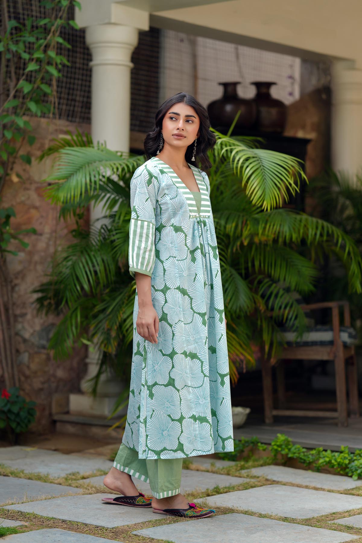 Aqua Green Handblock A-line Kurta
