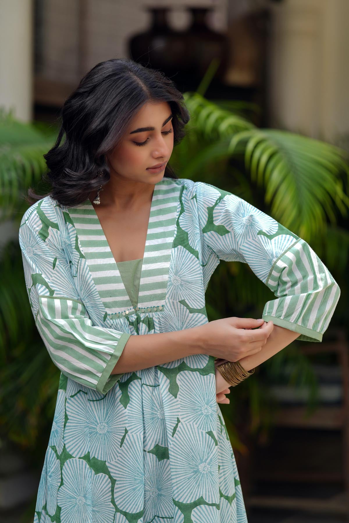 Aqua Green Handblock A-line Kurta