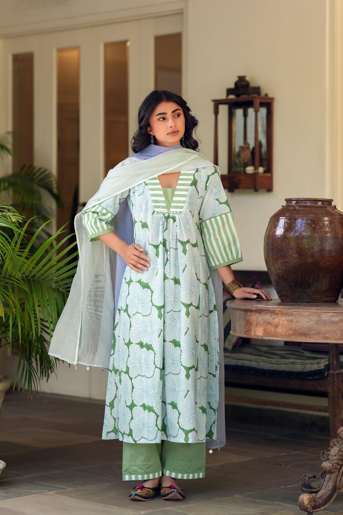 Aqua Green Handblock A-line Kurta