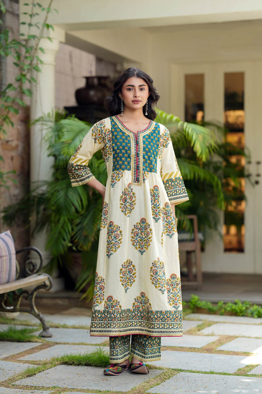 Cream & Green A-line Handblock Kurta