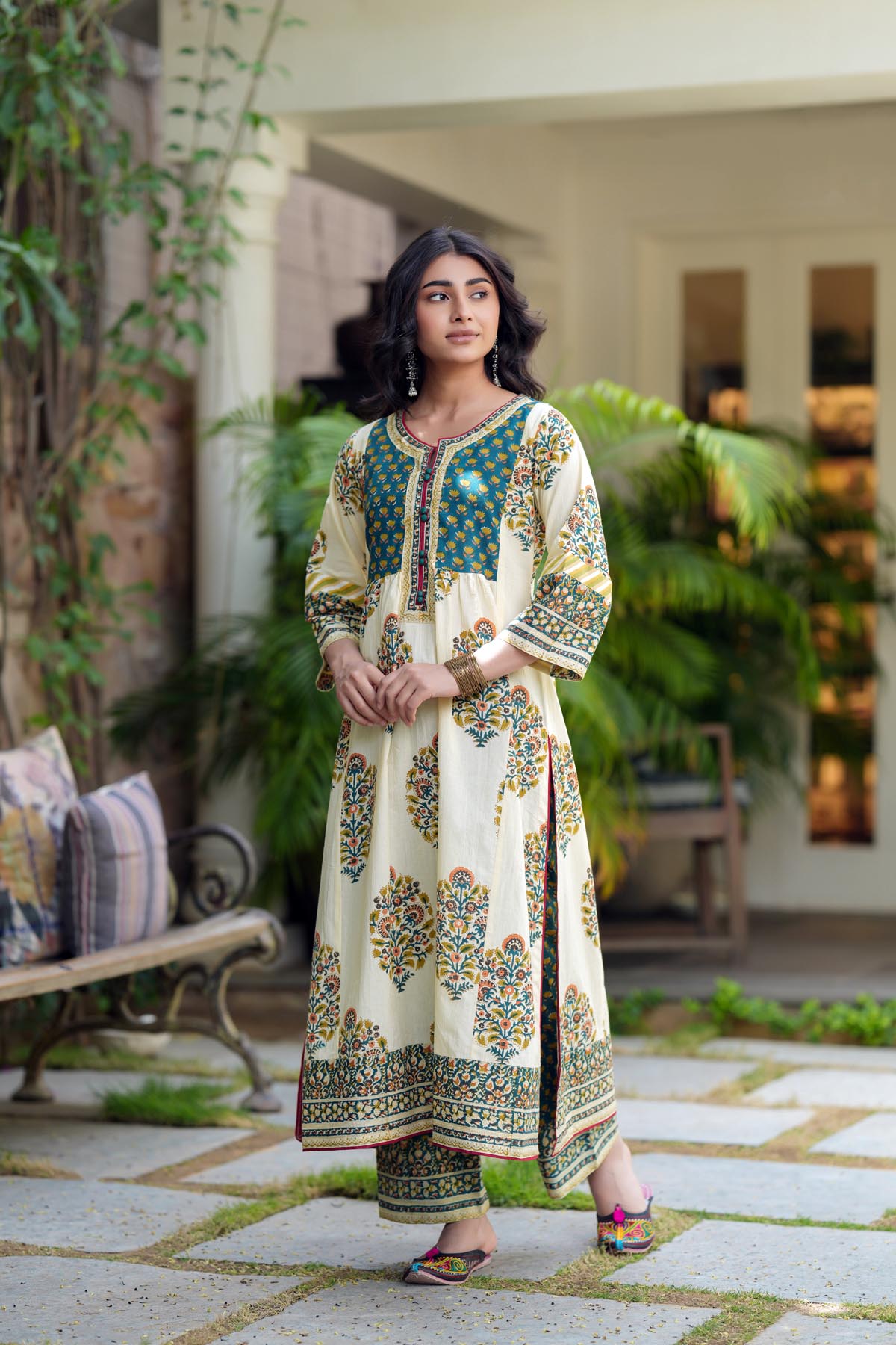 Cream & Green A-line Handblock Kurta
