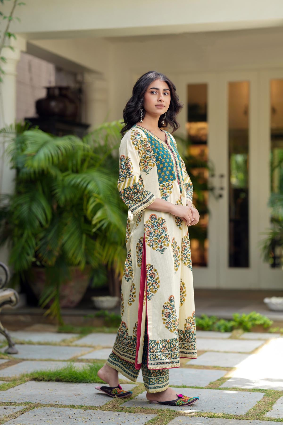 Cream & Green A-line Handblock Kurta