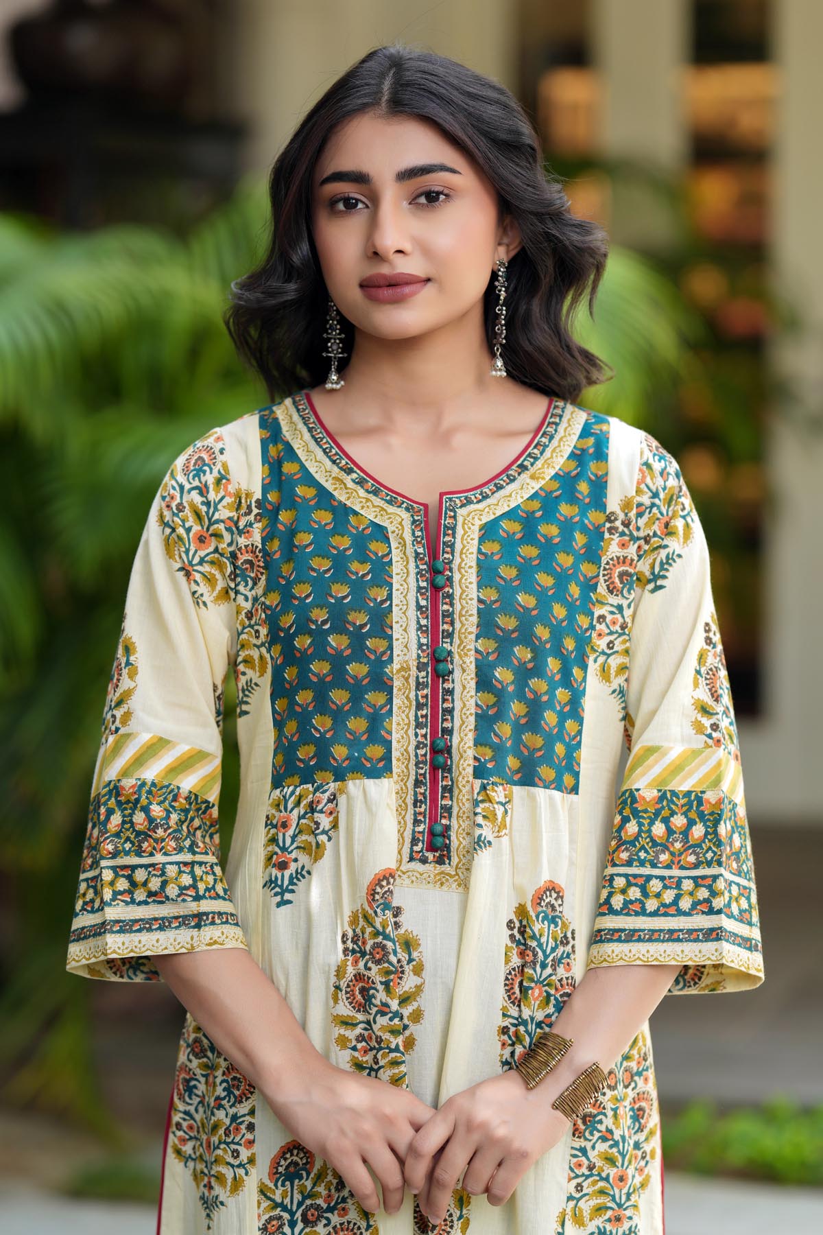 Cream & Green A-line Handblock Kurta