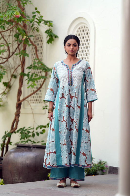 Powder Blue Handblock A-line Kurta