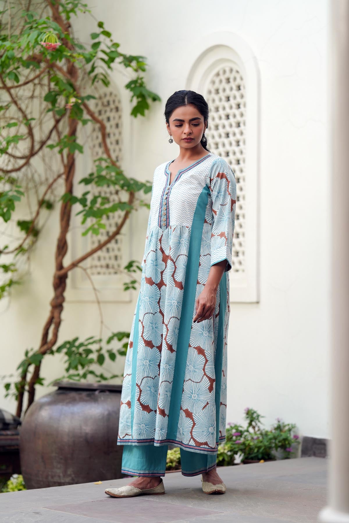 Powder Blue Handblock A-line Kurta