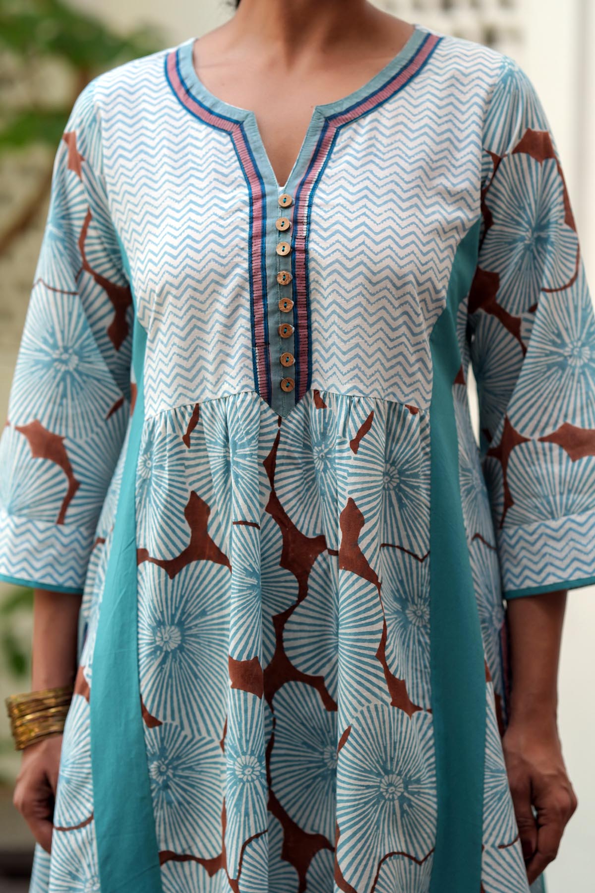 Powder Blue Handblock A-line Kurta