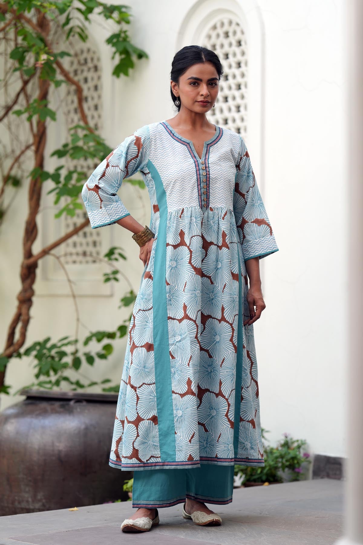 Powder Blue Handblock A-line Kurta