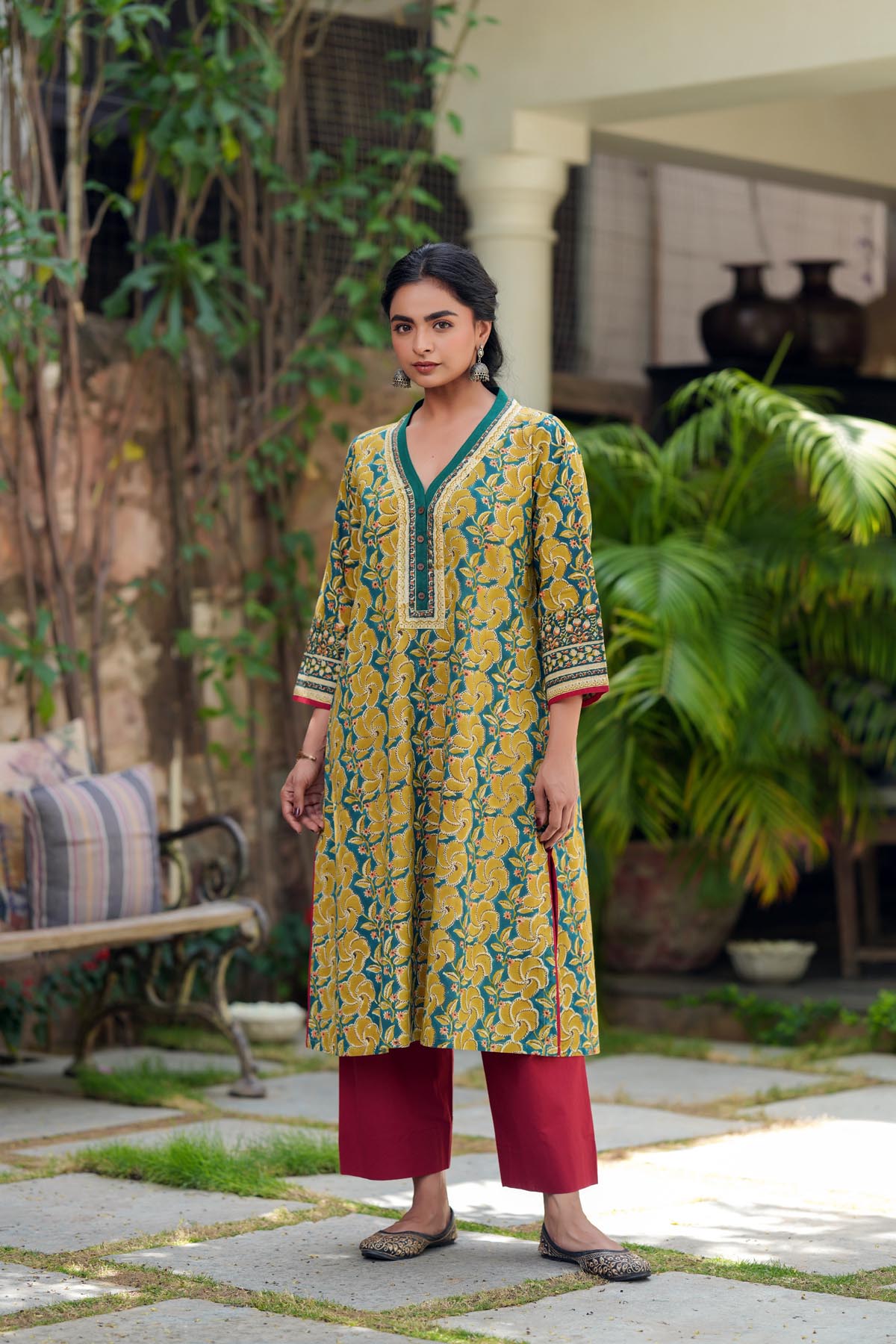 Dark Green Loose Fit Handblock Kurta