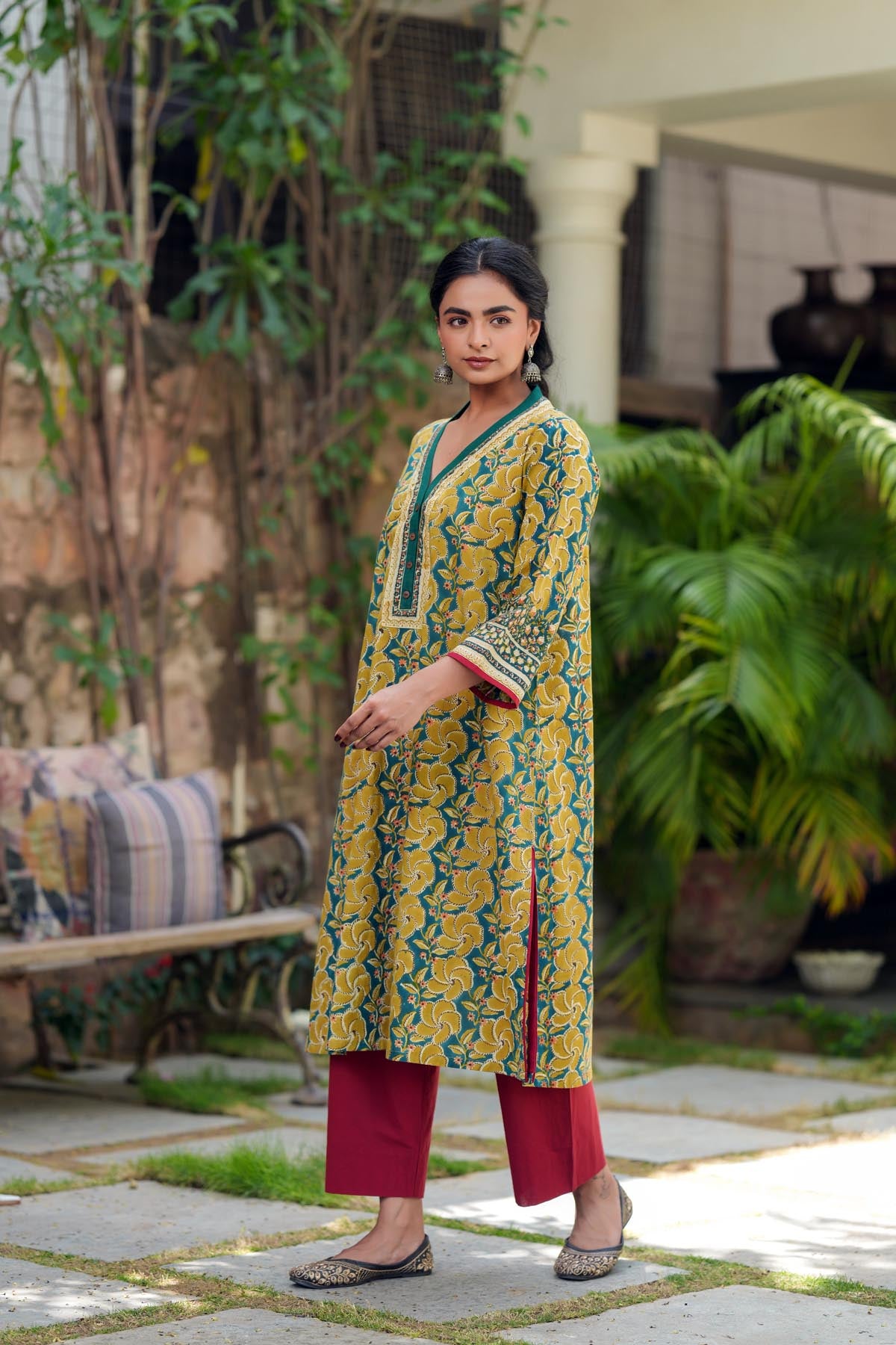Dark Green Loose Fit Handblock Kurta