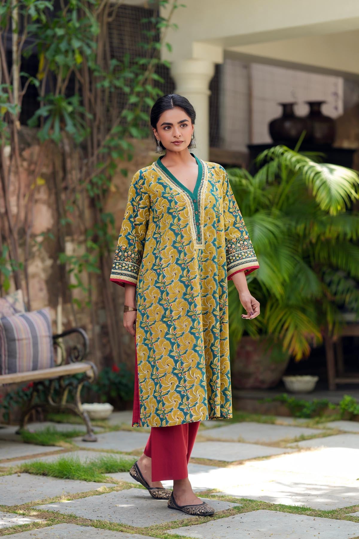 Dark Green Loose Fit Handblock Kurta