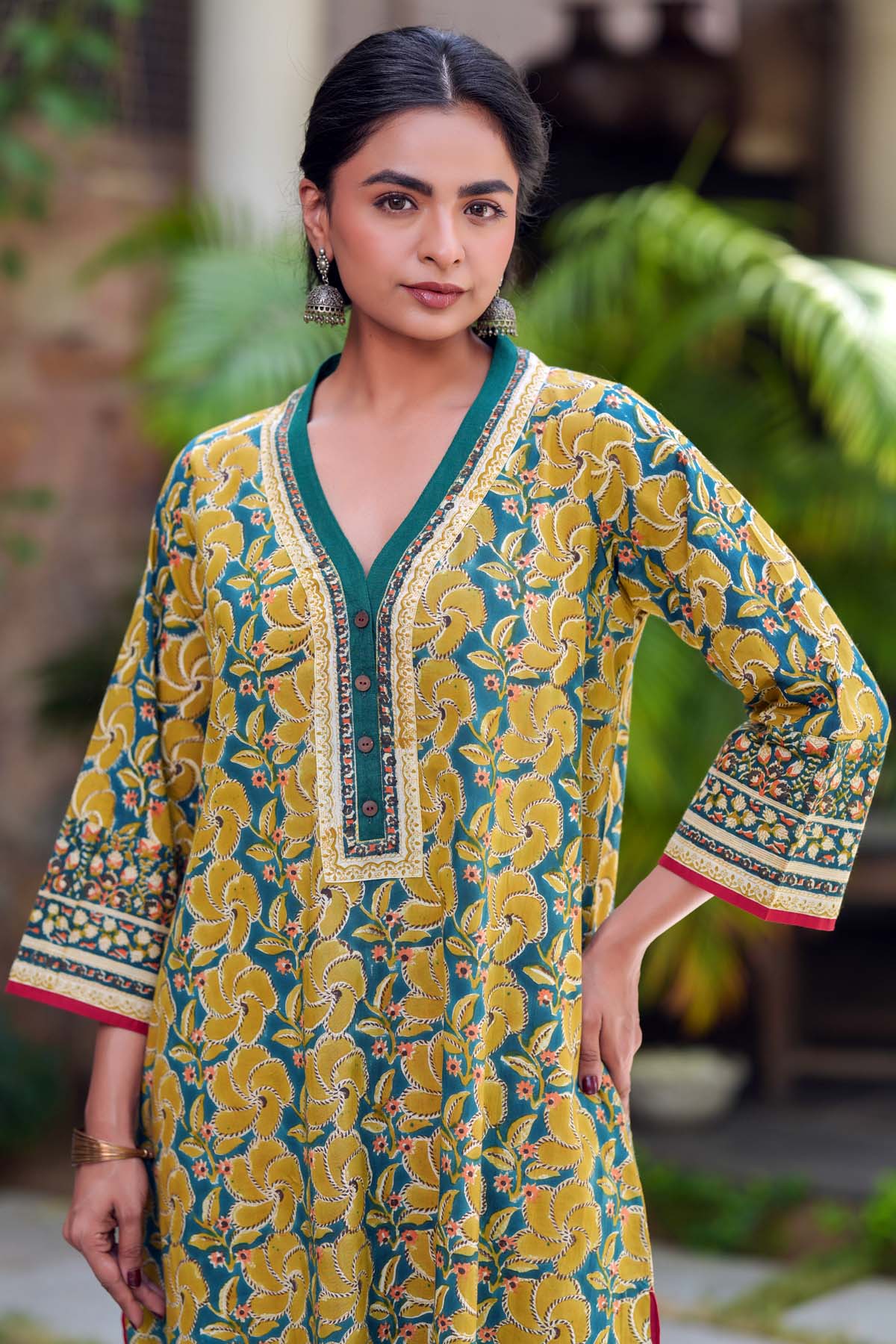 Dark Green Loose Fit Handblock Kurta
