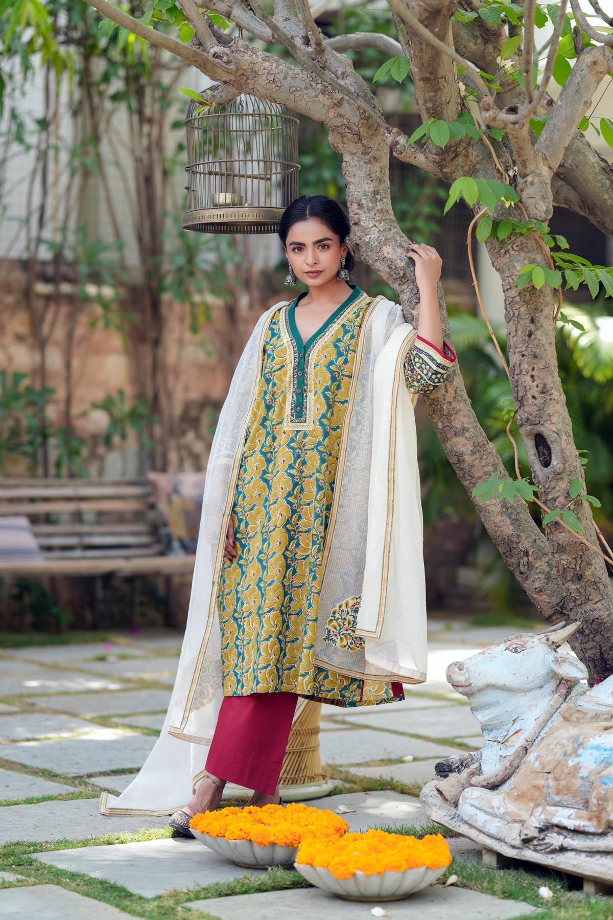 Dark Green Loose Fit Handblock Kurta