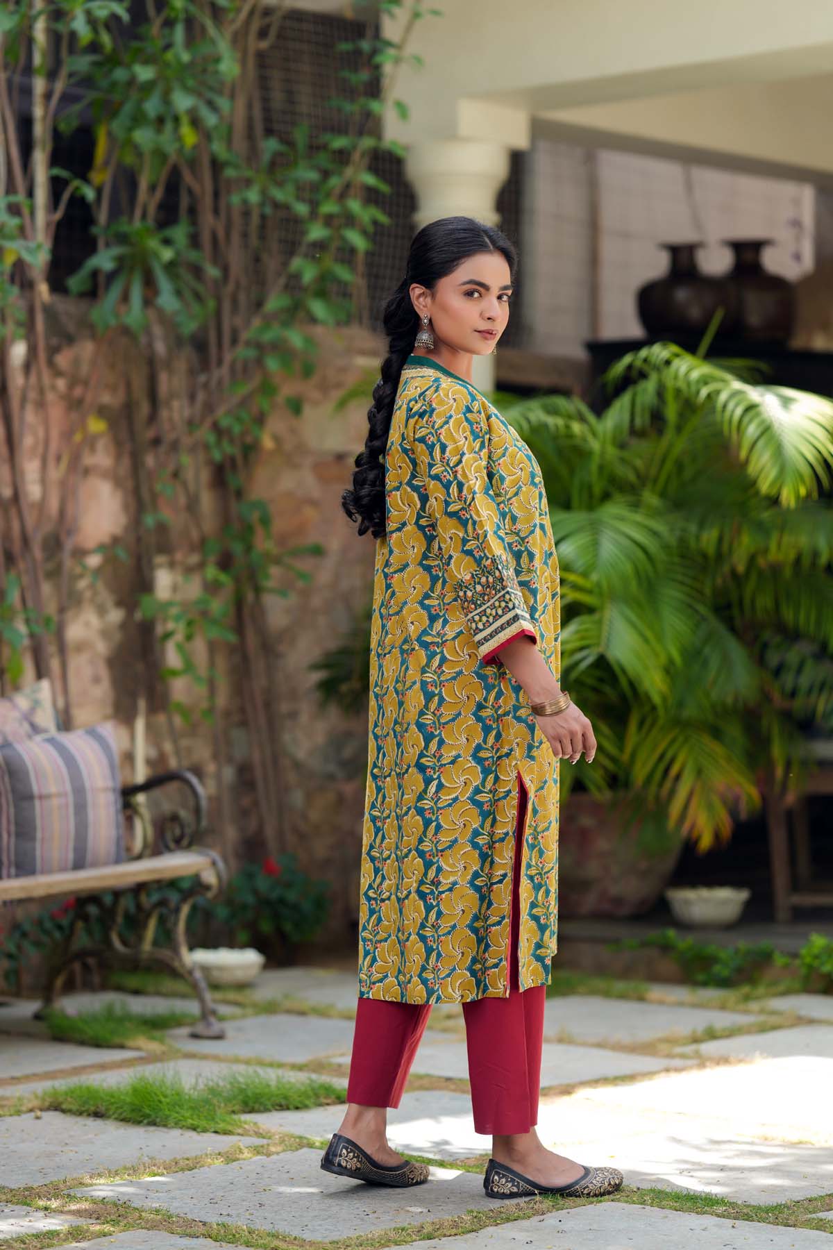 Dark Green Loose Fit Handblock Kurta