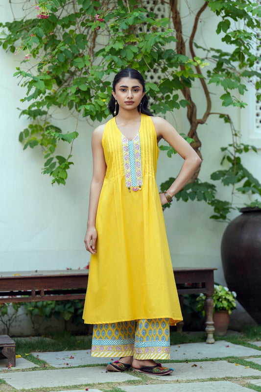 Yellow Sleeveless A-line Kurta