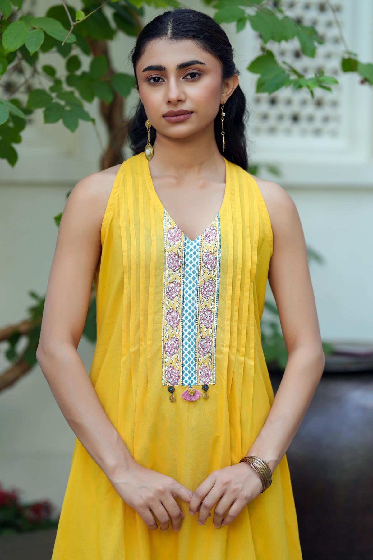 Yellow Sleeveless A-line Kurta