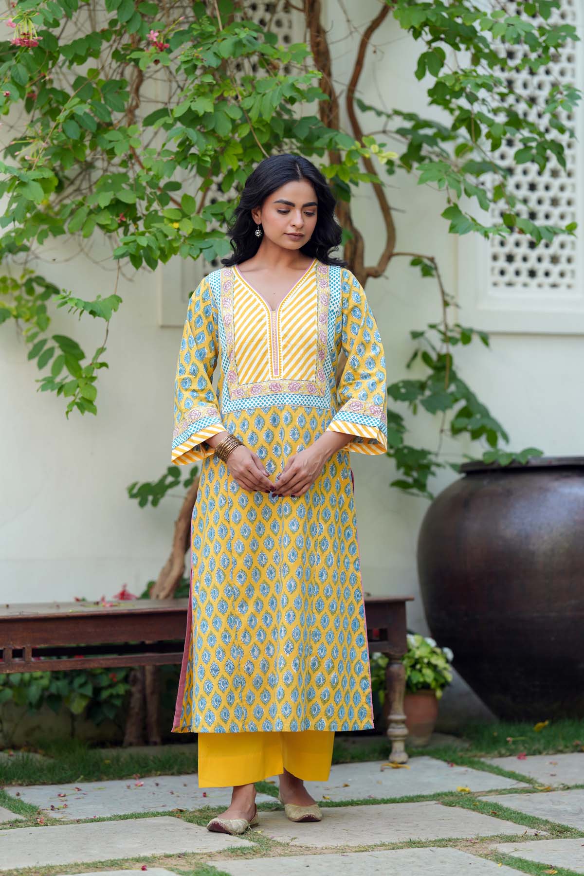 Yellow Handblock Cotton Kurta