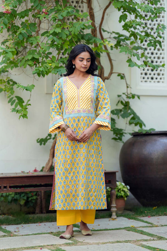 Yellow Handblock Cotton Kurta