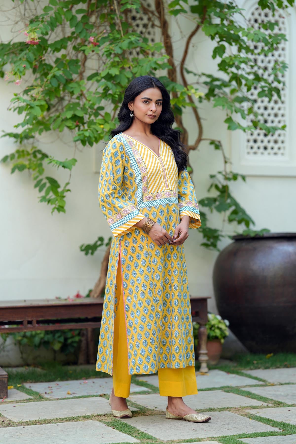 Yellow Handblock Cotton Kurta