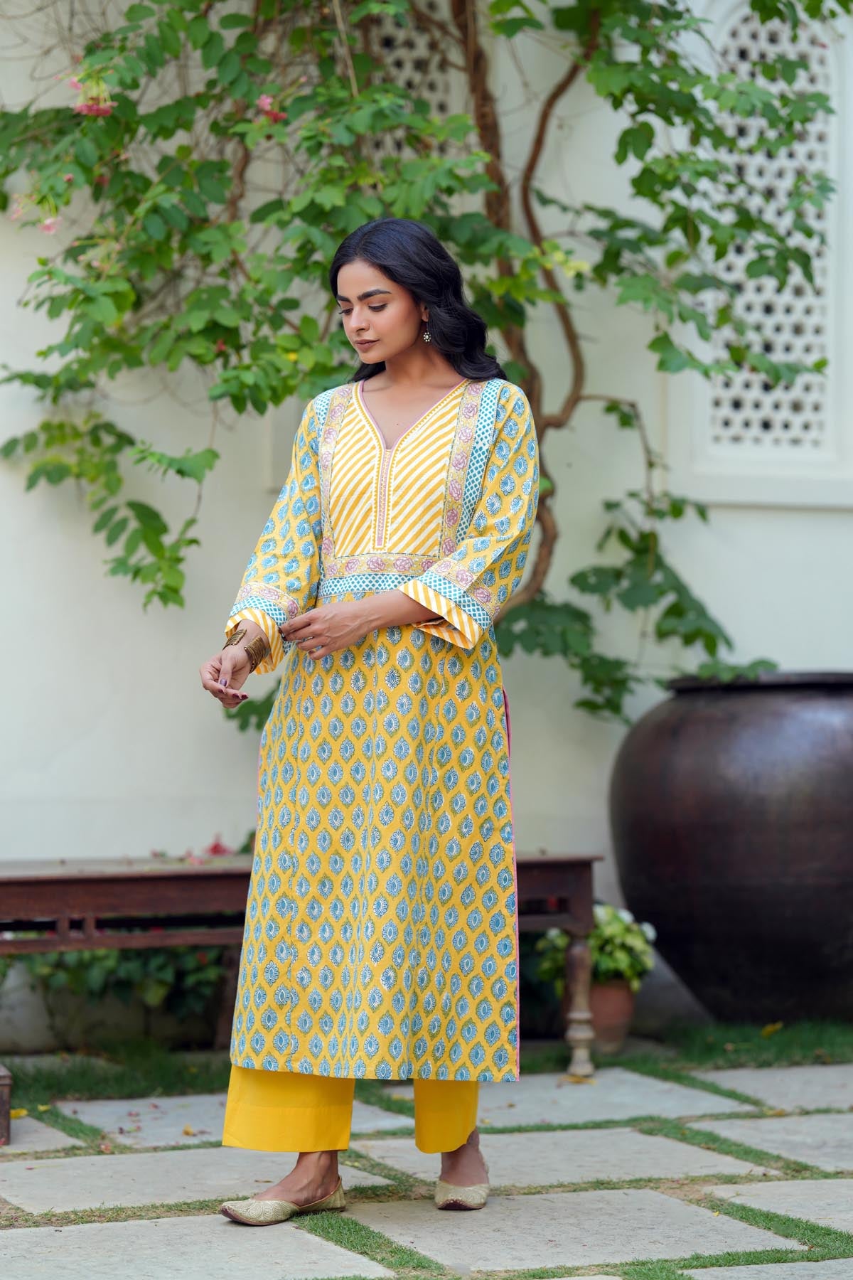 Yellow Handblock Cotton Kurta