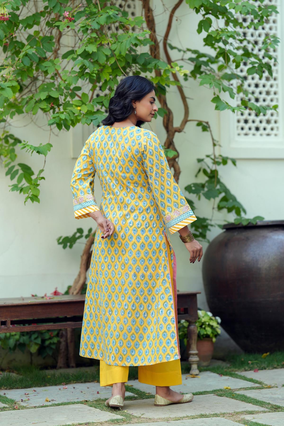 Yellow Handblock Cotton Kurta
