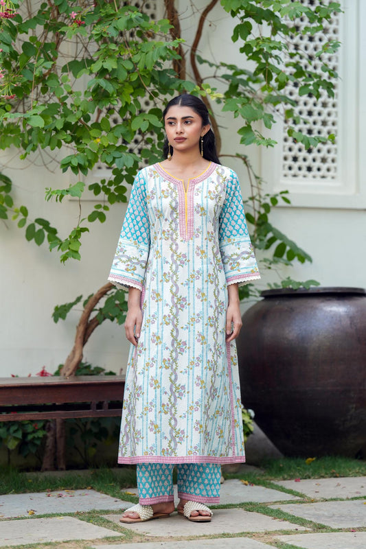 White Handblock A-line Kurta