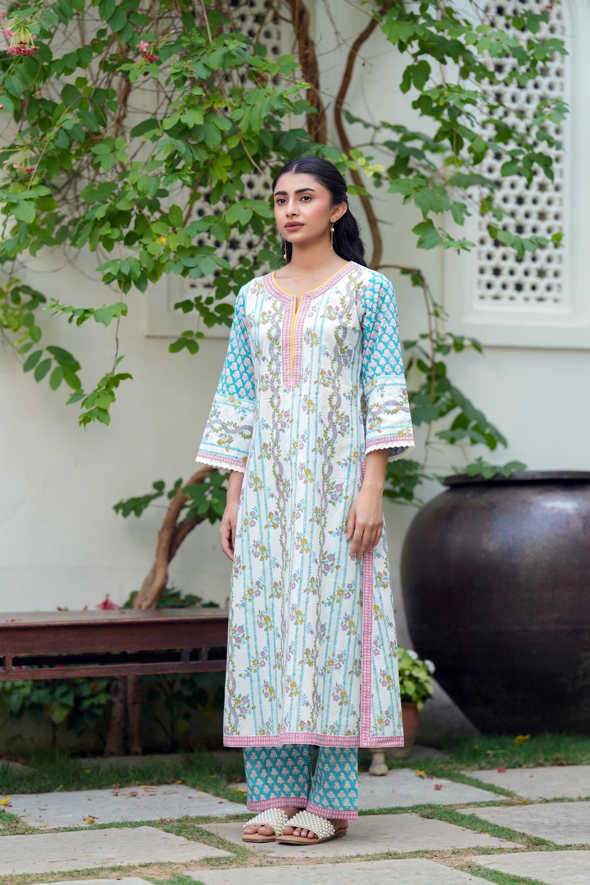 White Handblock A-line Kurta