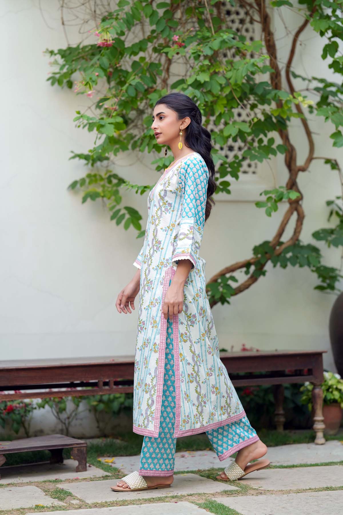 White Handblock A-line Kurta