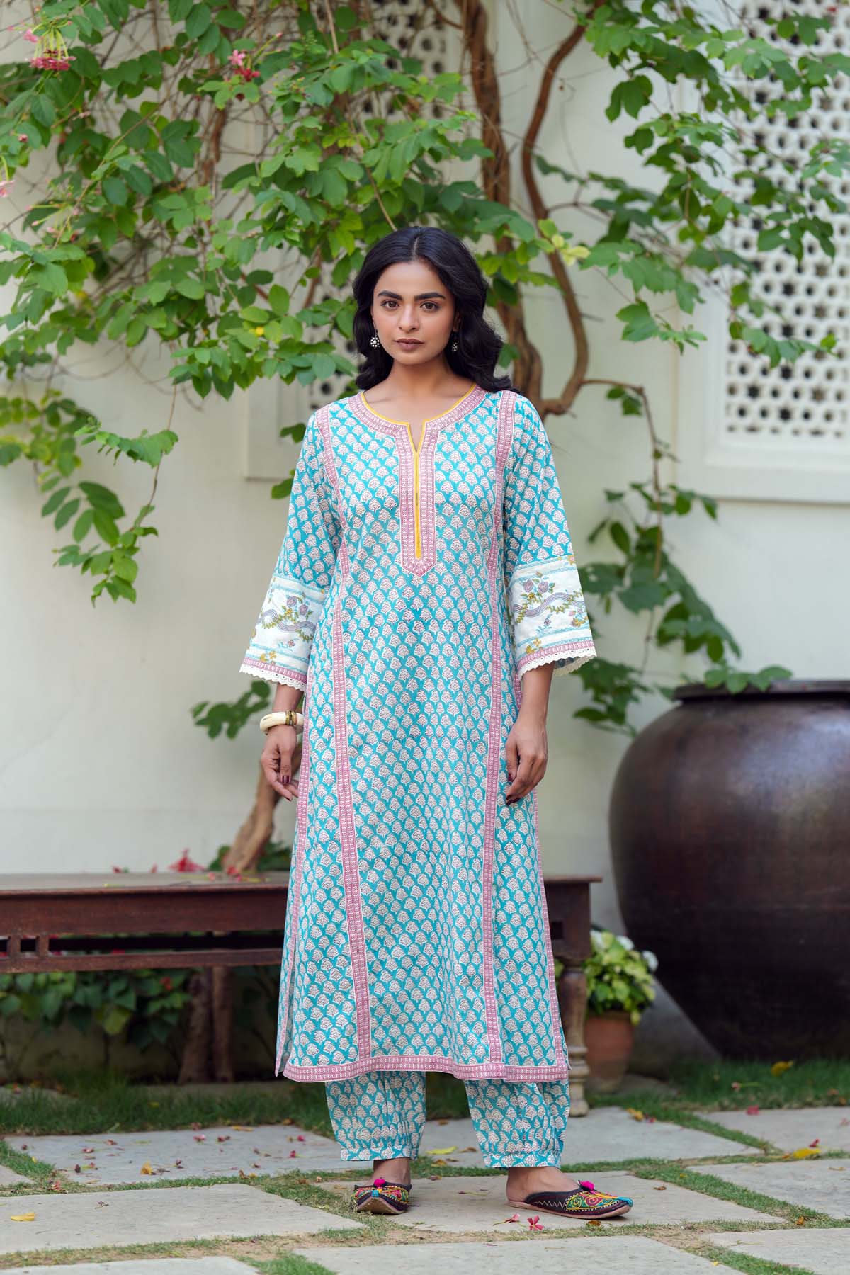 Firozi Handblock Printed Cotton Kurta