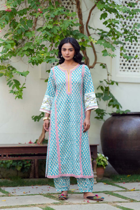 Firozi Handblock Printed Cotton Kurta