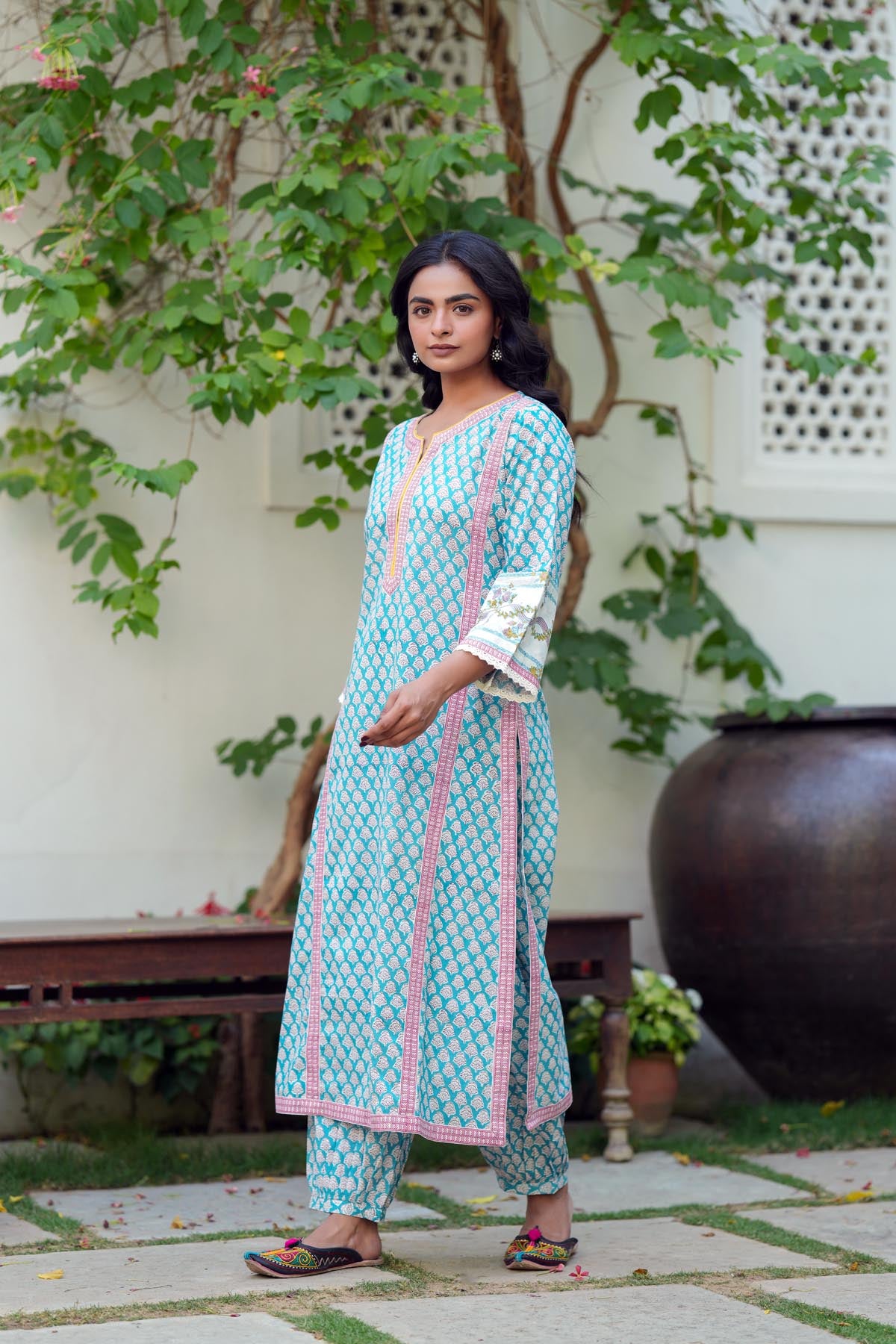 Firozi Handblock Printed Cotton Kurta