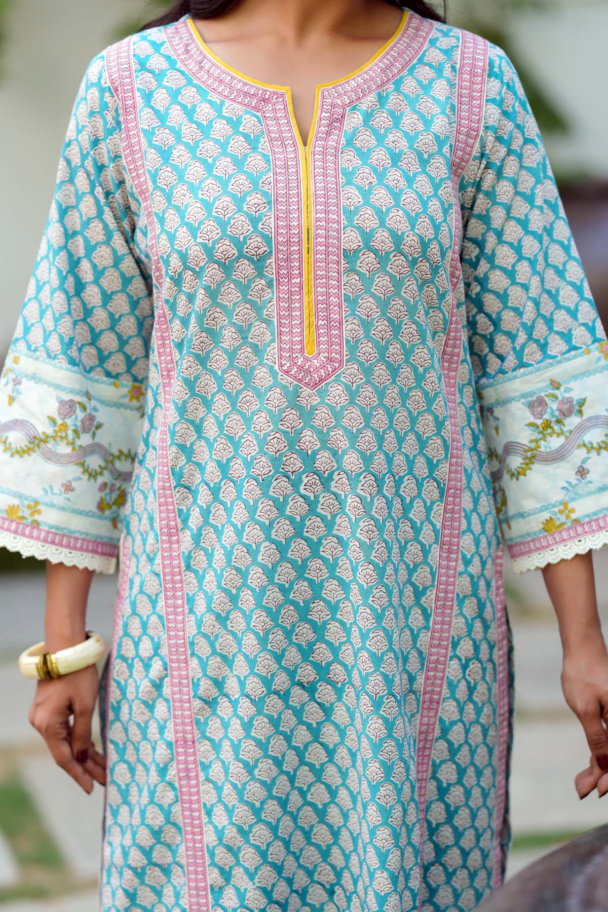 Firozi Handblock Printed Cotton Kurta