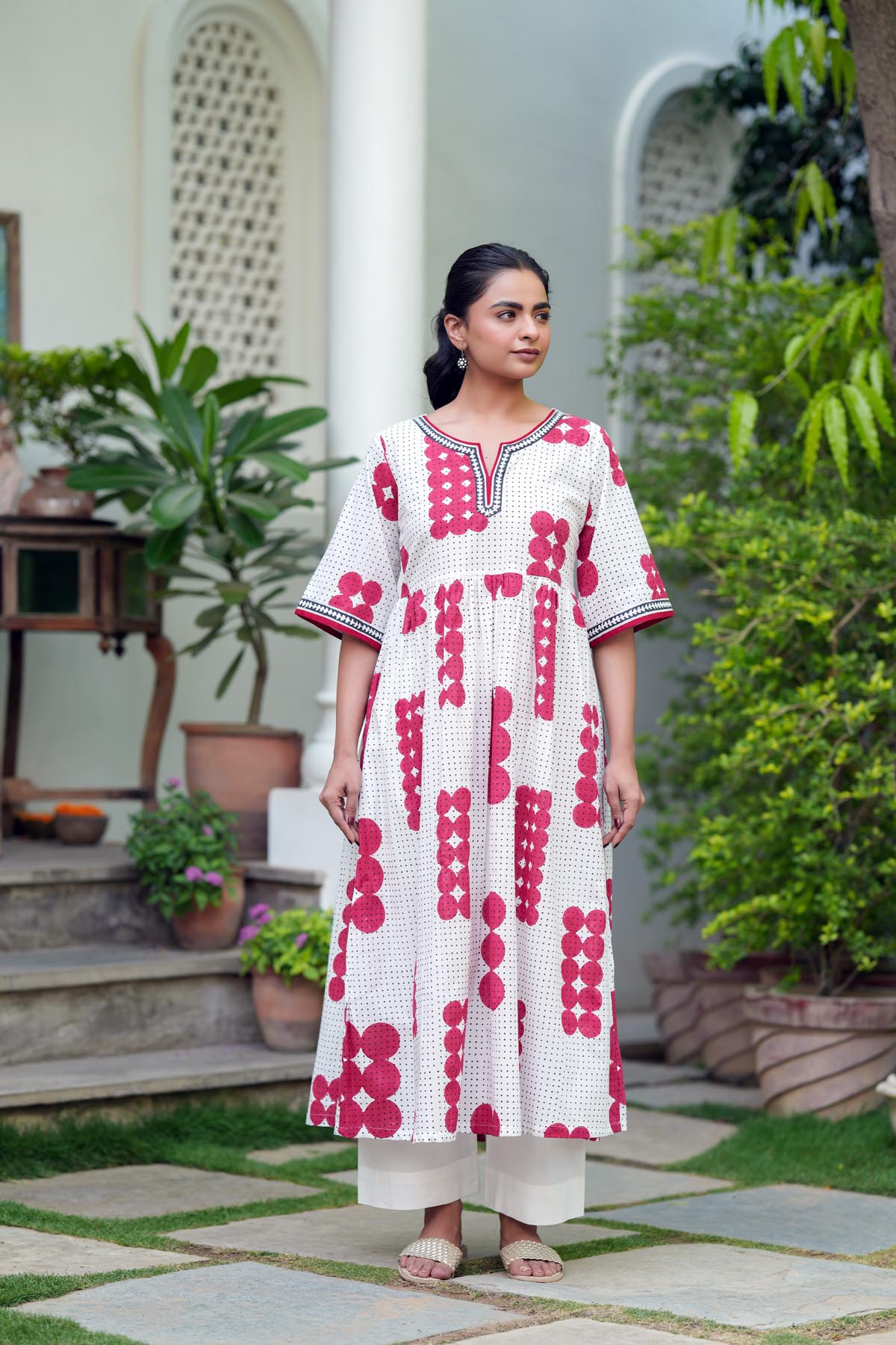 Red & White Handblock A-line Kurta