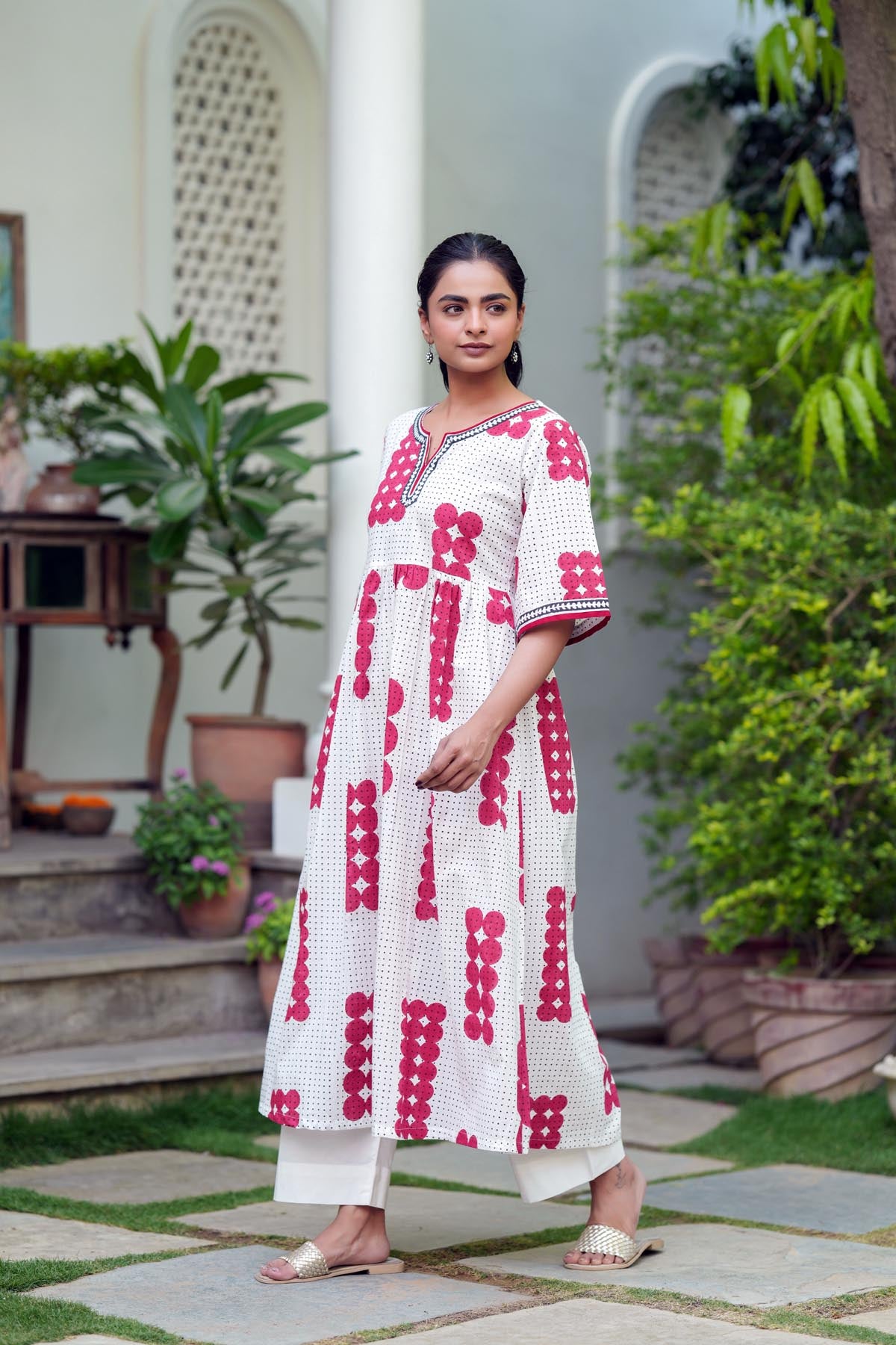 Red & White Handblock A-line Kurta