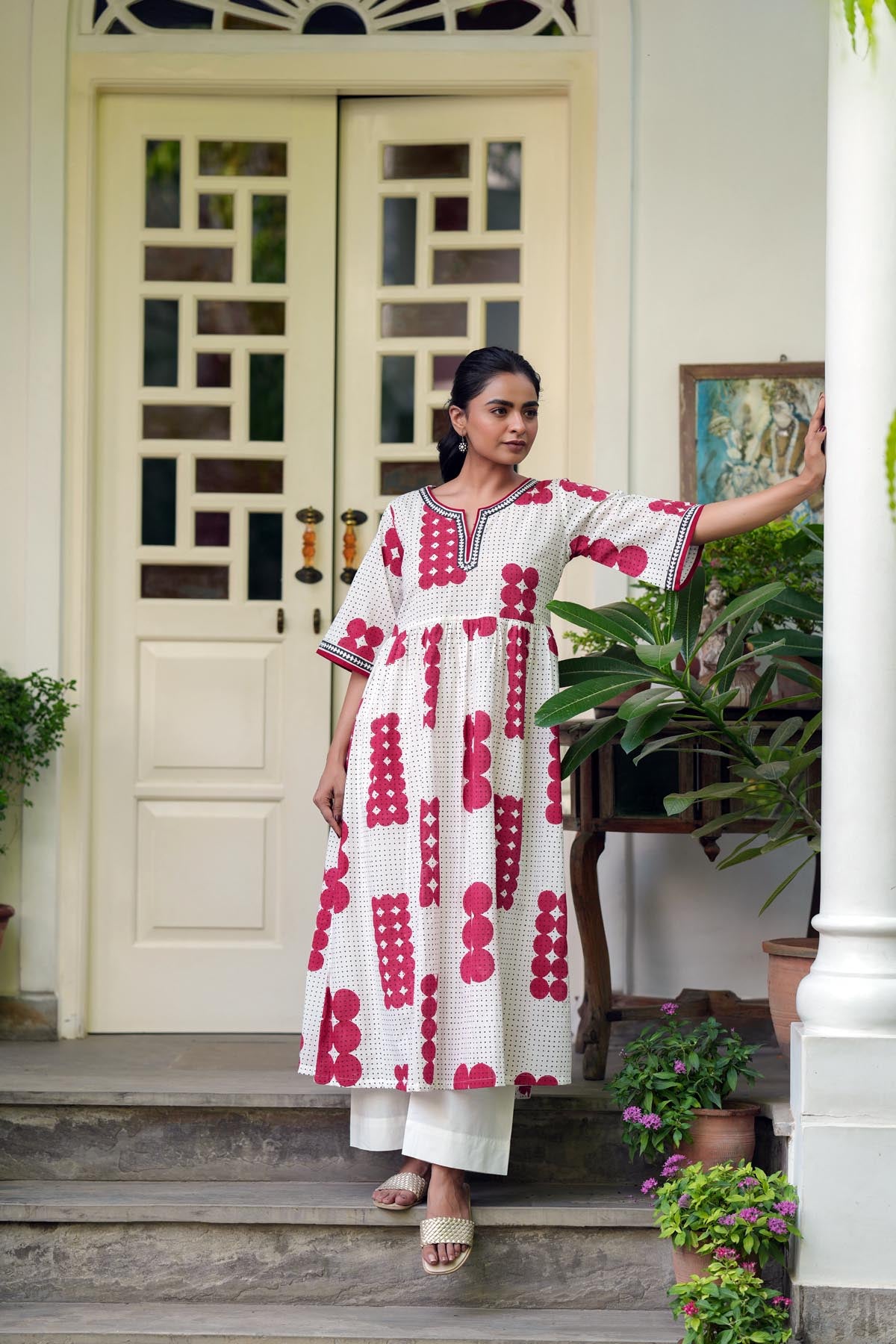 Red & White Handblock A-line Kurta