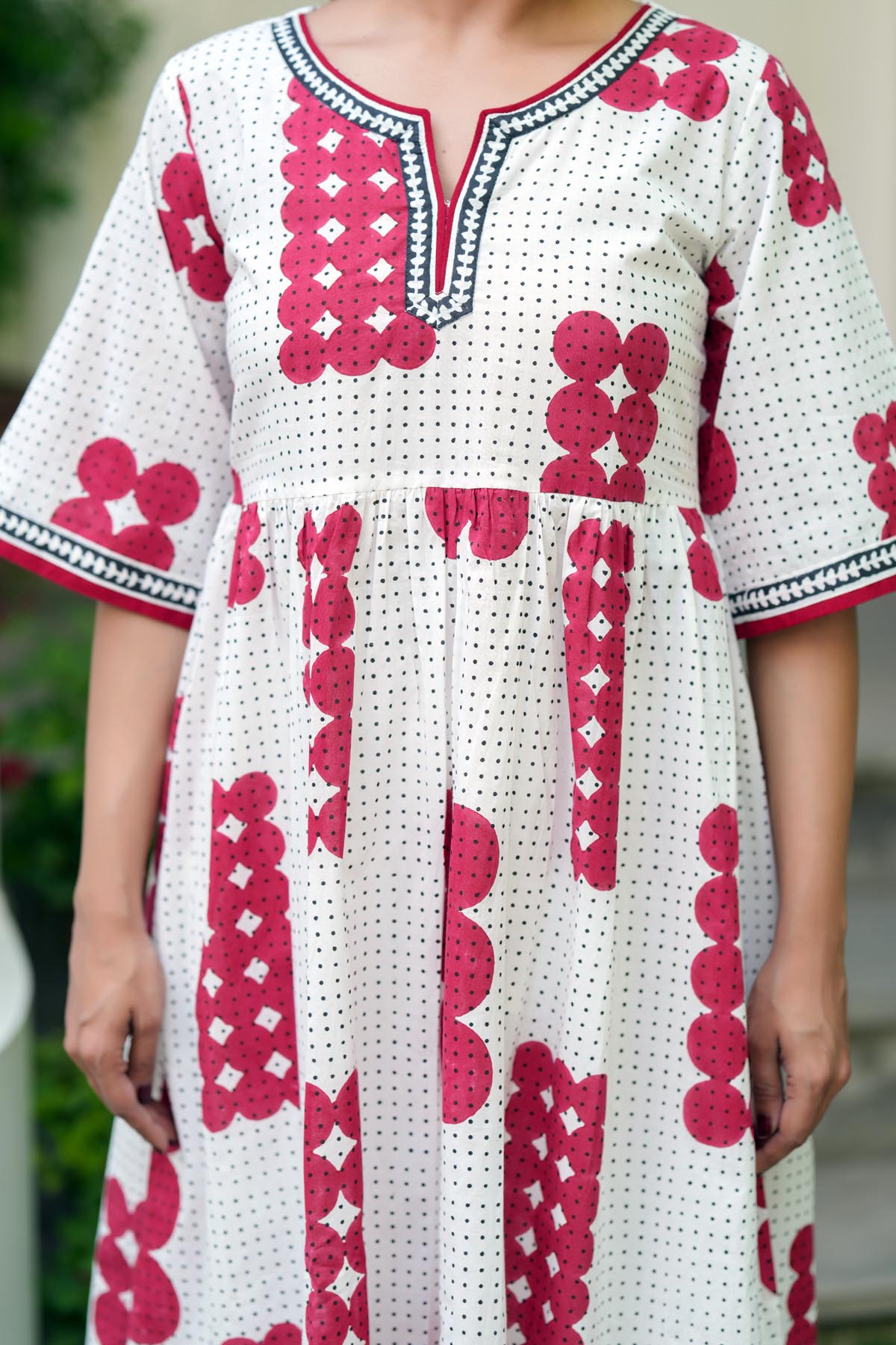 Red & White Handblock A-line Kurta