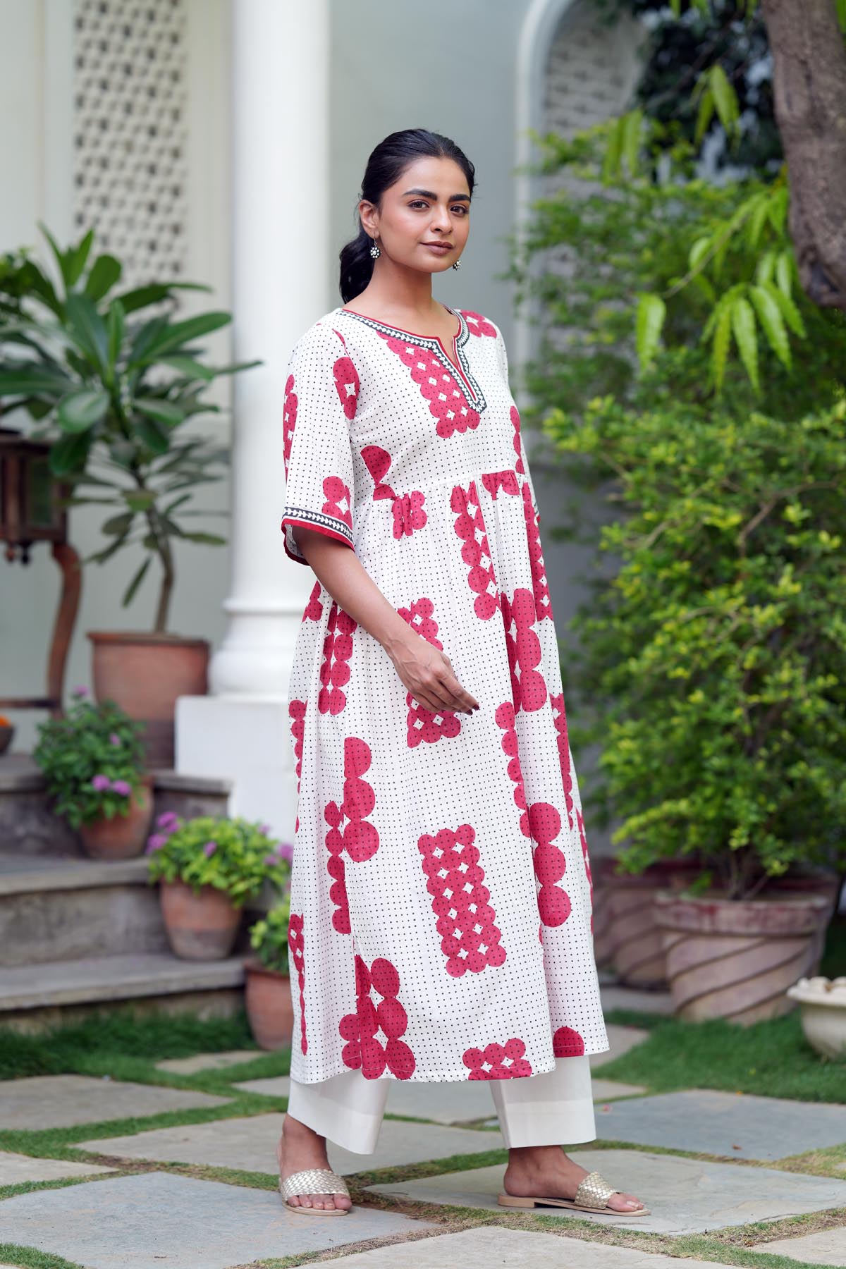Red & White Handblock A-line Kurta