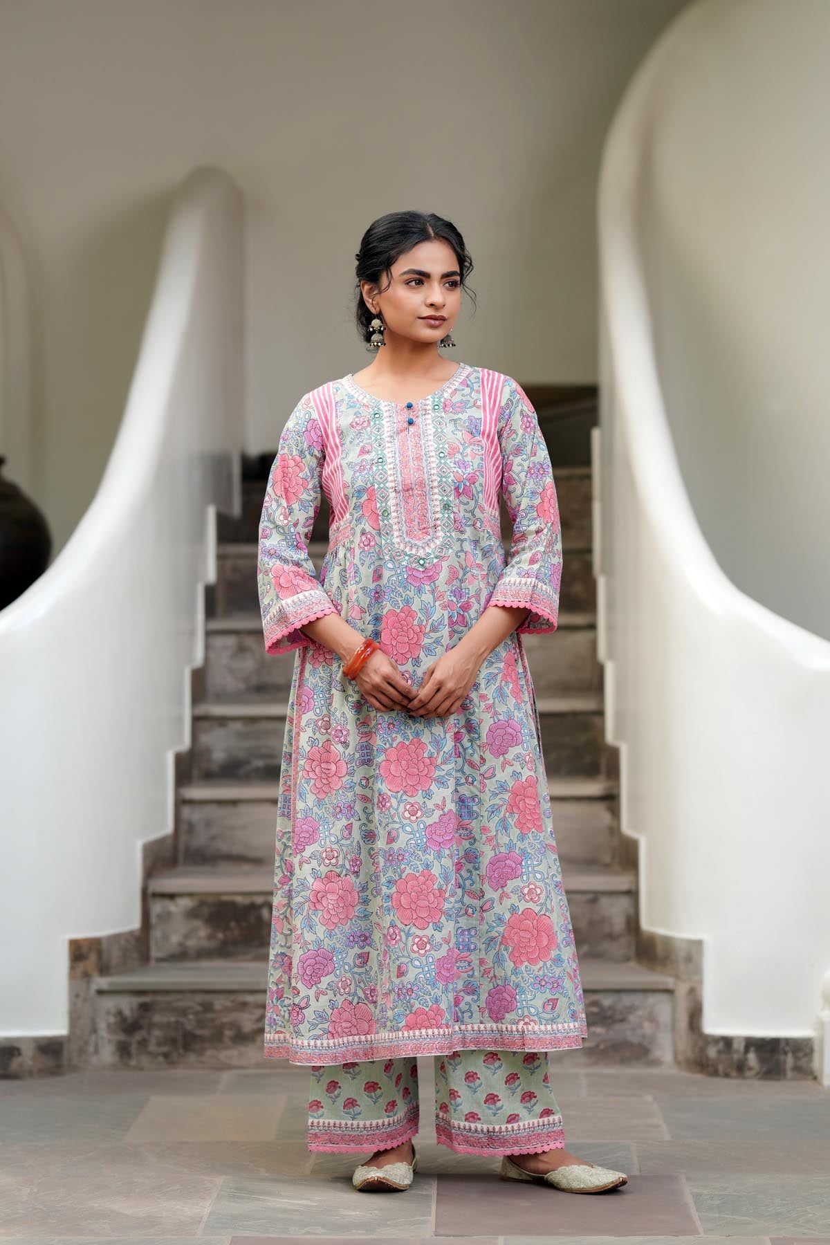 Aqua Green Handblock A-line Kurta