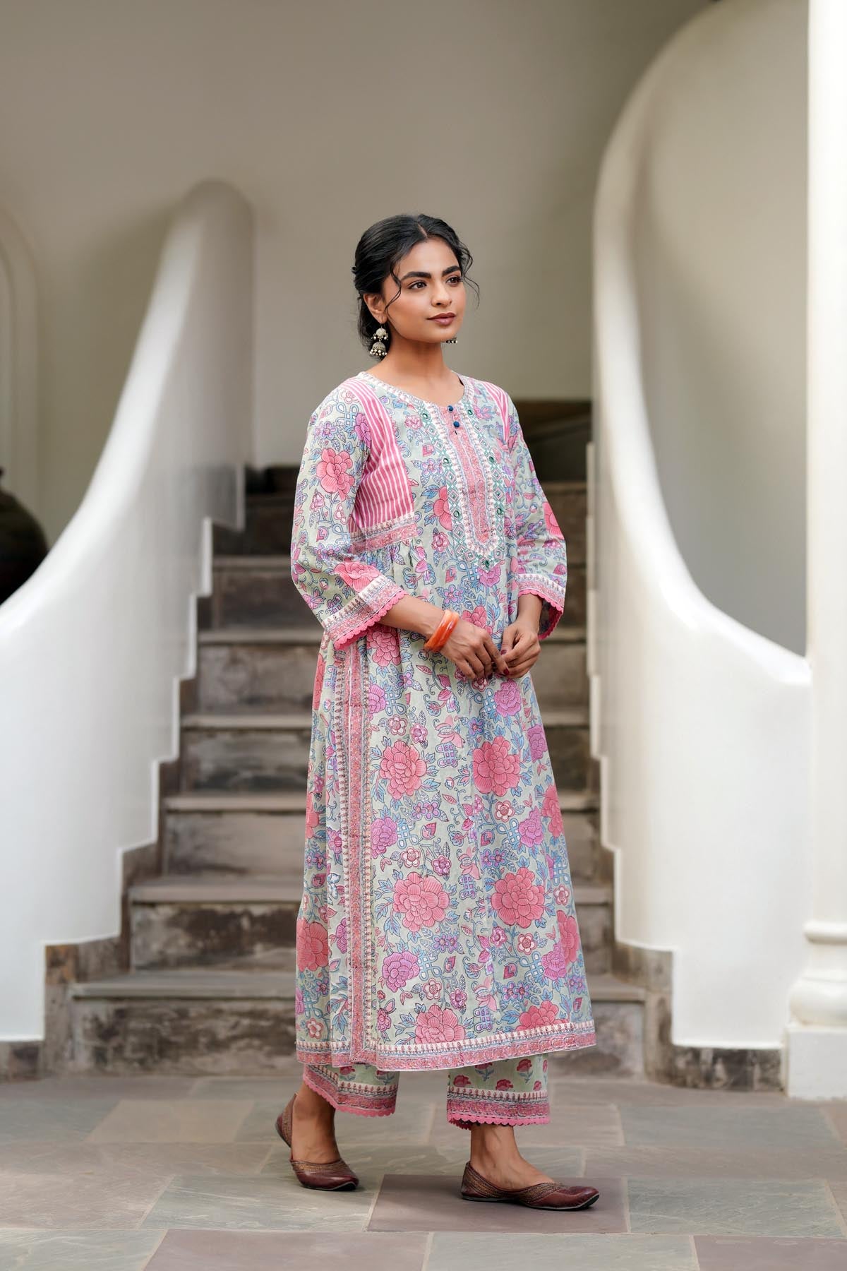 Aqua Green Handblock A-line Kurta