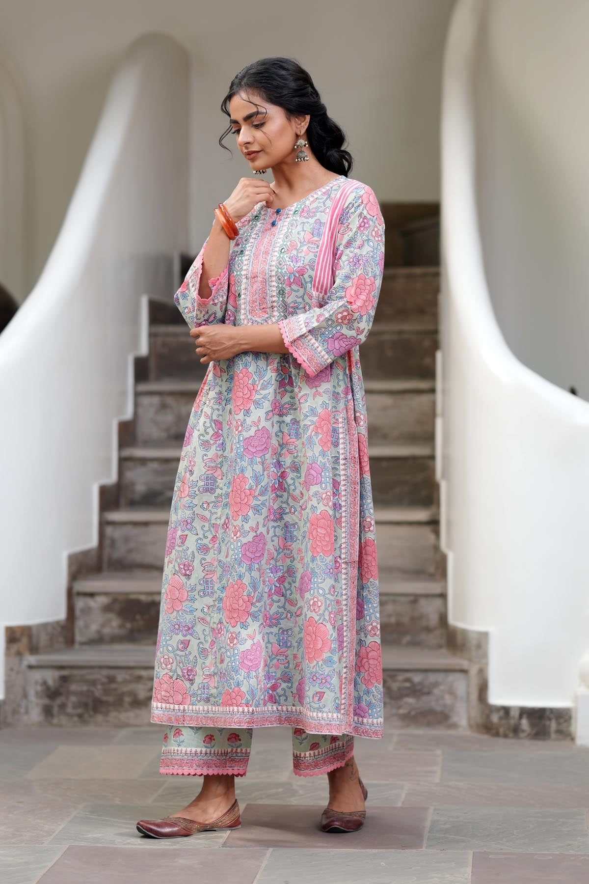 Aqua Green Handblock A-line Kurta
