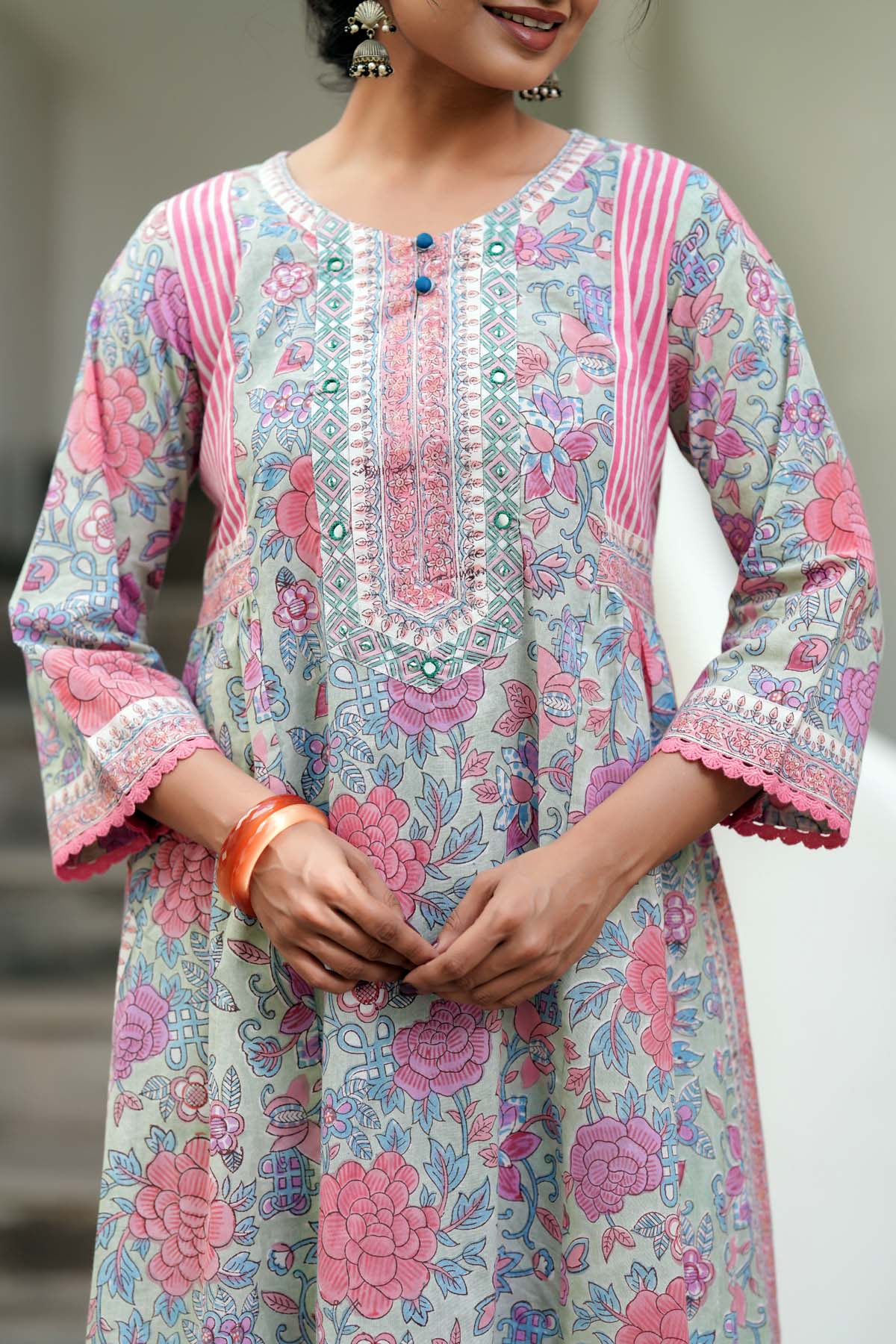 Aqua Green Handblock A-line Kurta