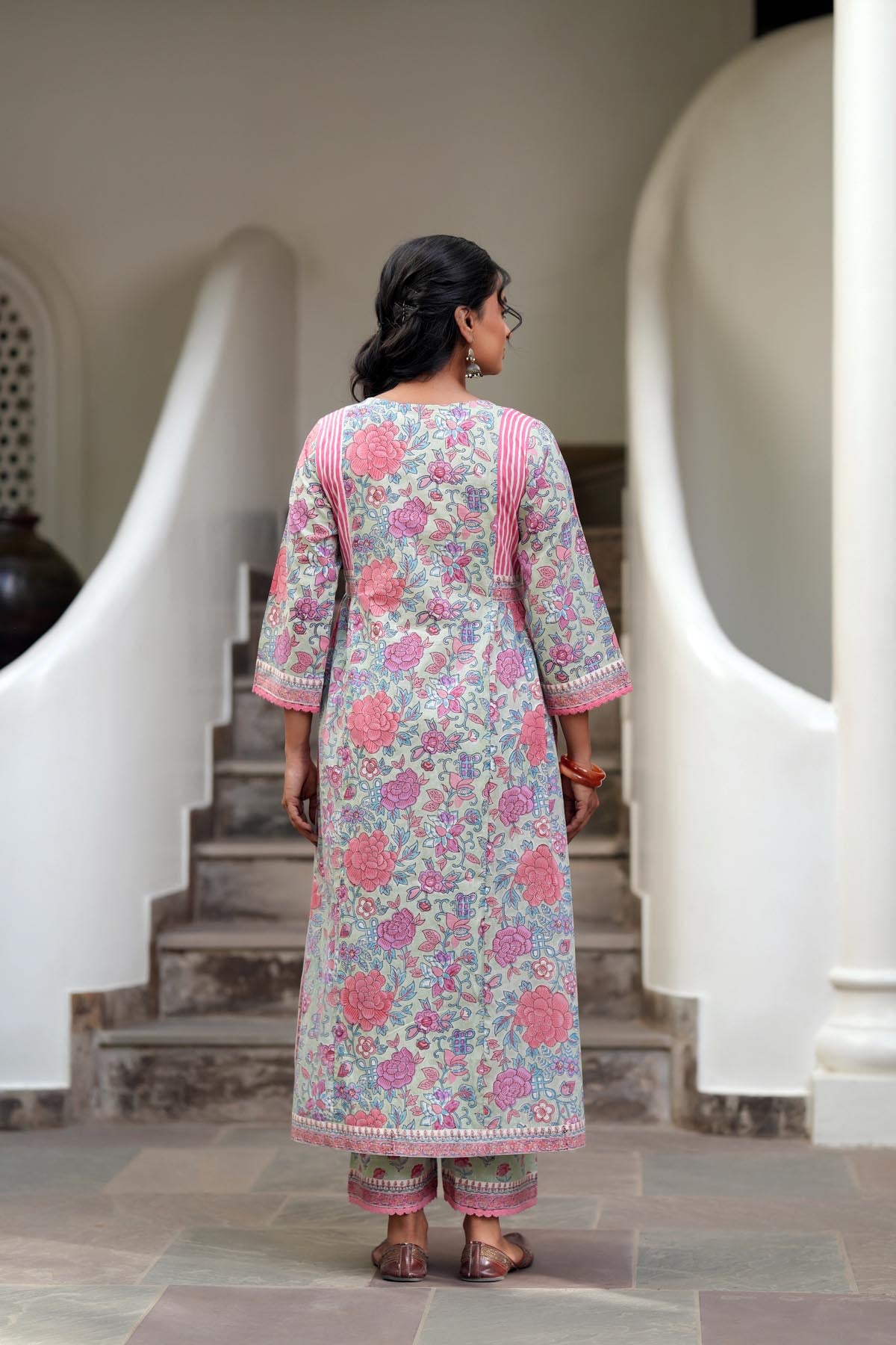 Aqua Green Handblock A-line Kurta